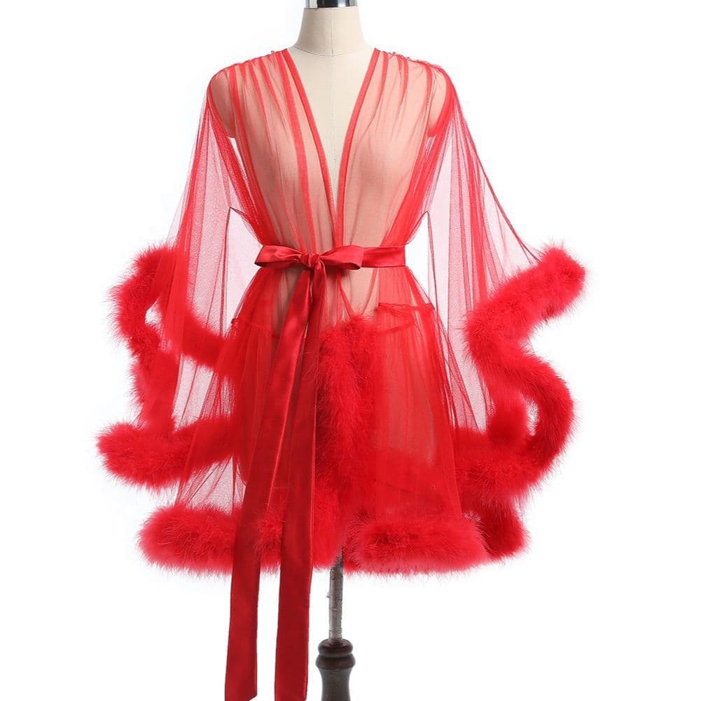 Cross-border new large size women's mesh sexy nightgown see-through sexy temptation belt furry pajamas directly supplied from the manufacturer