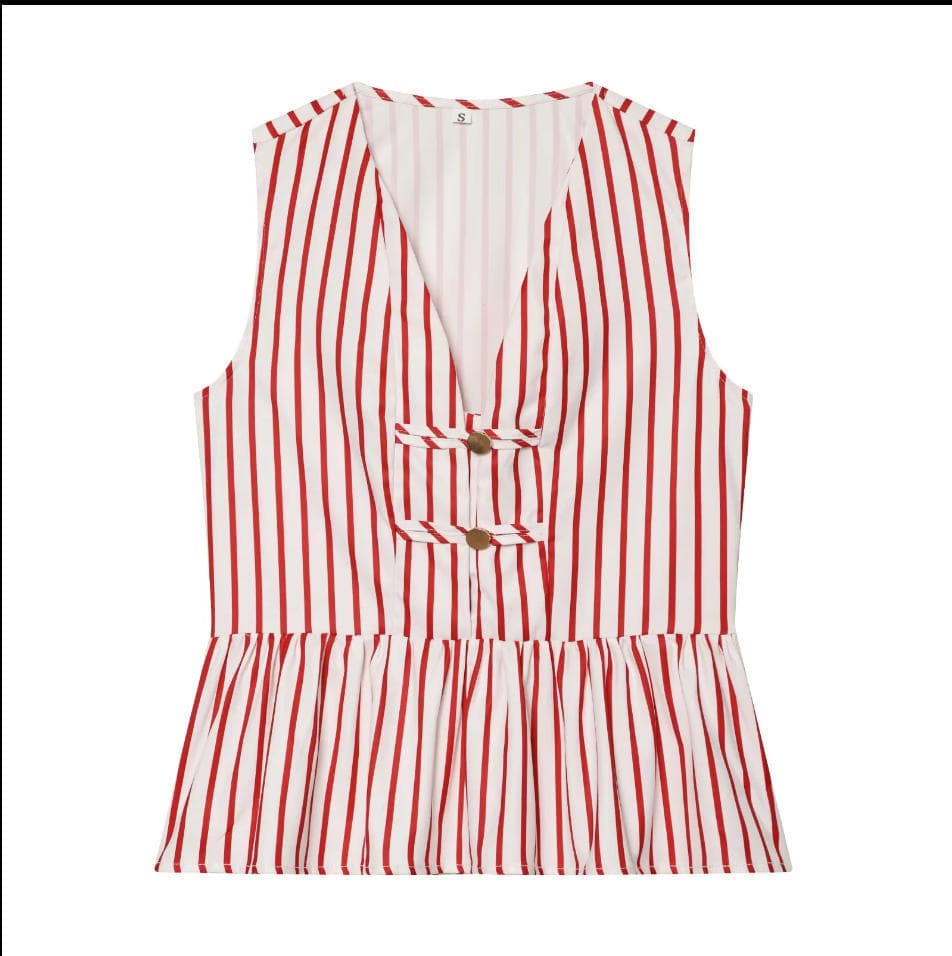 Wholesale Cross-Border European and American Women's Fashion AliExpress Hot Selling Trendy Sleeveless V-Neck Knot Trim Striped Top