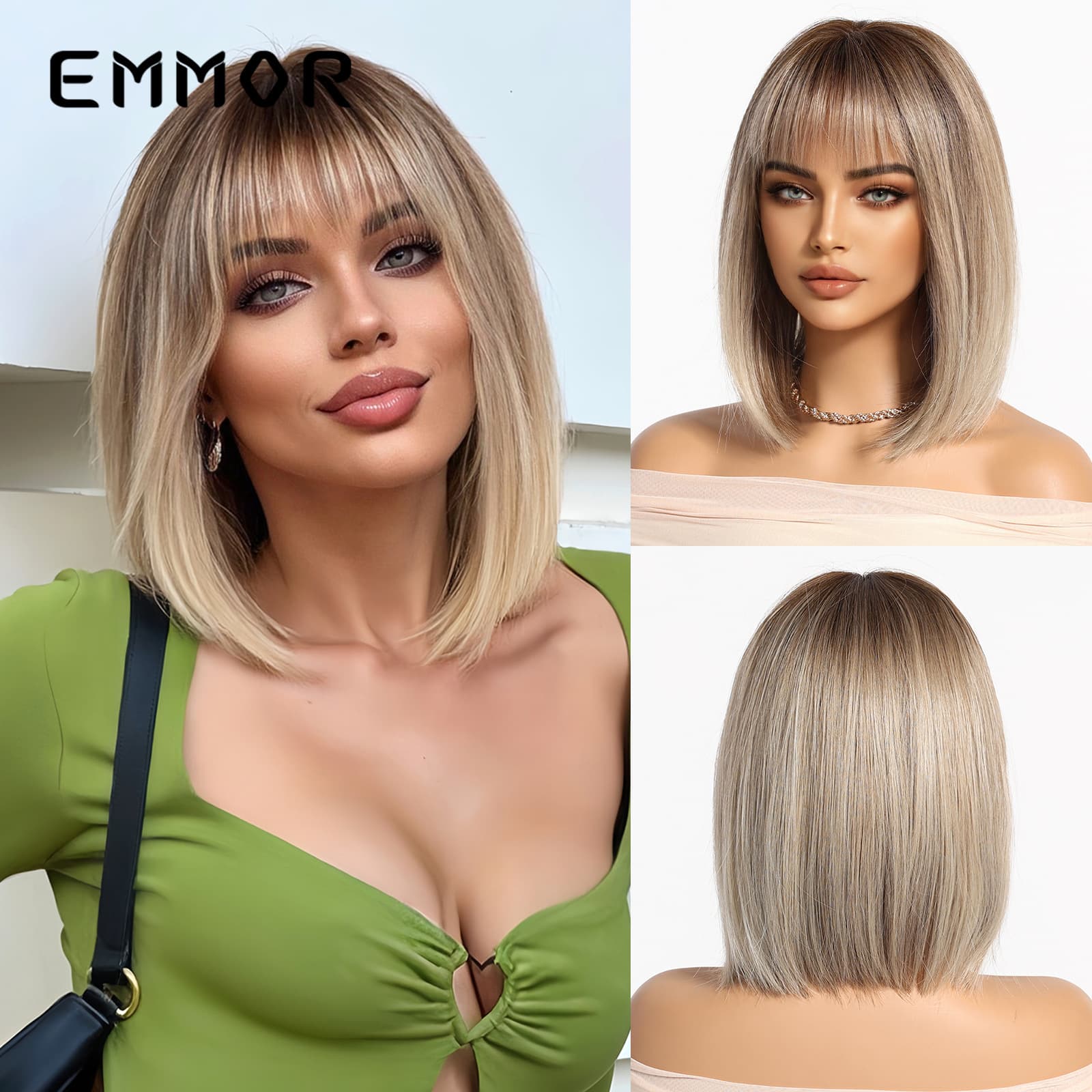 Spring/Summer Hot Selling Natural Breathable Blunt Bangs Gradient Gold Short Straight Bob European and American Style Wigs Full Hair Hairstyle