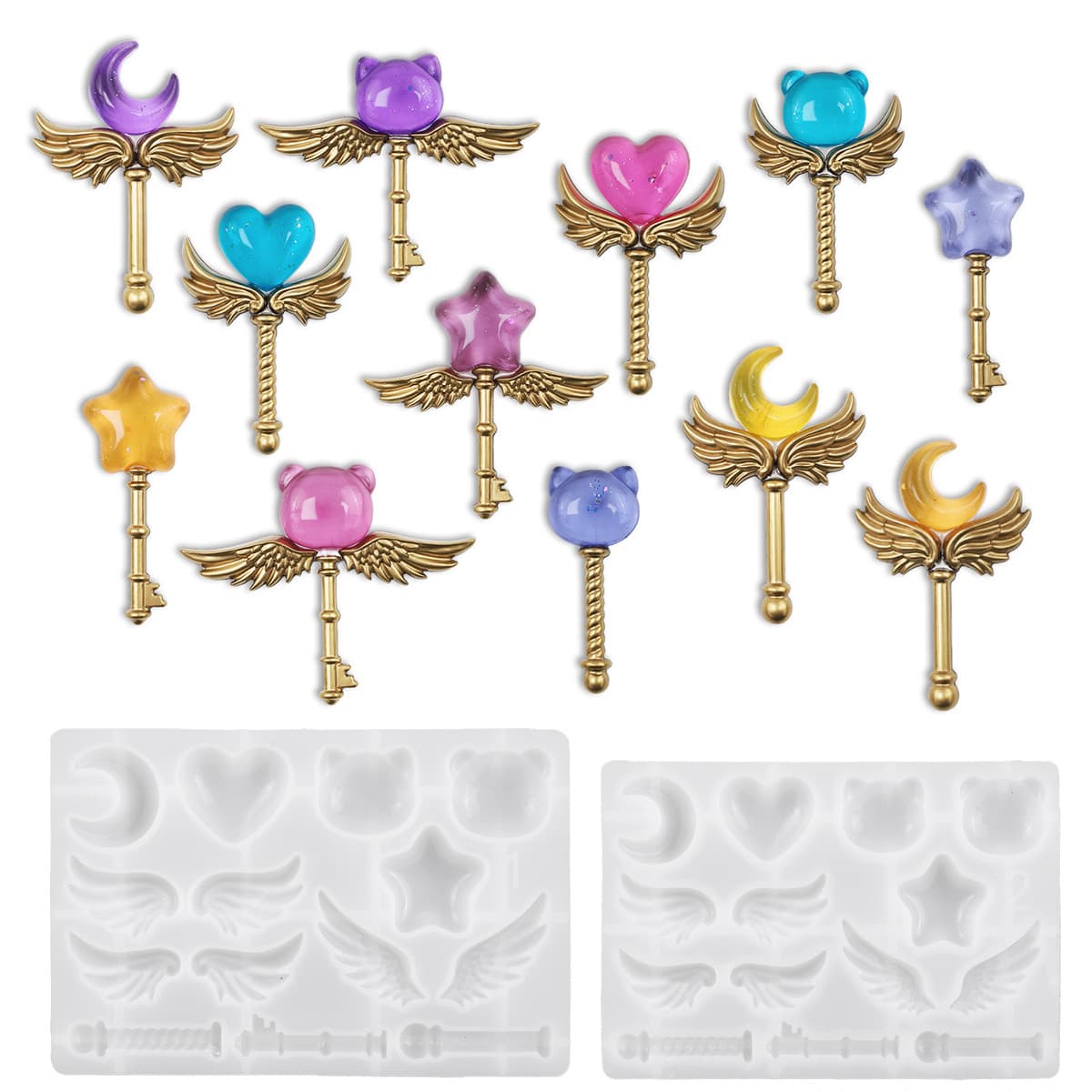 New DIY Crystal Epoxy UV Resin Love Cat Moon Five-Pointed Star Wings Magic Wand Mirror Silicone Mold