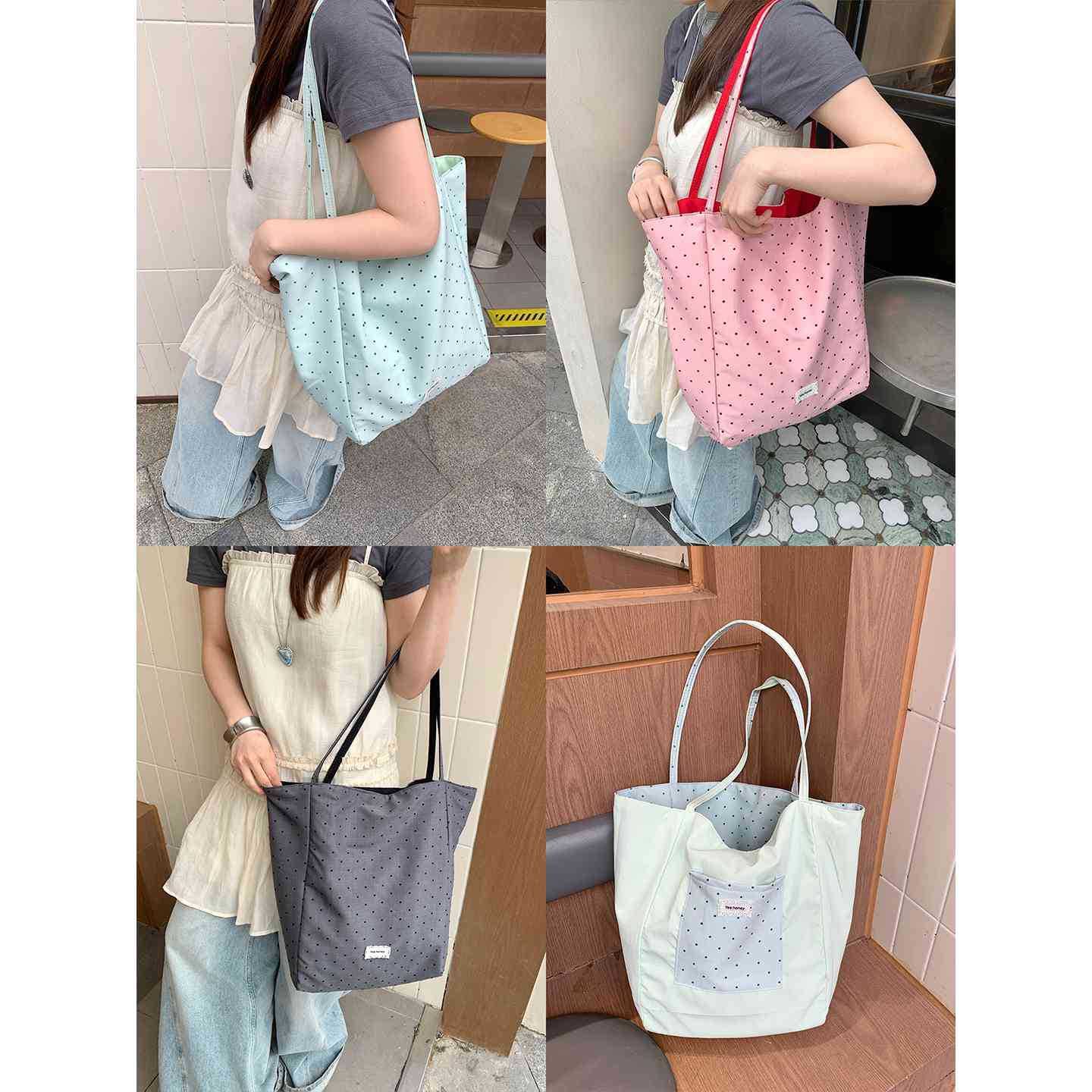Korean-Style Color-Block Polka Dot Double-Sided Canvas Bag for Women, Dopamine Lazy Style, Large Capacity Nylon Commuter Tote Shoulder Bag