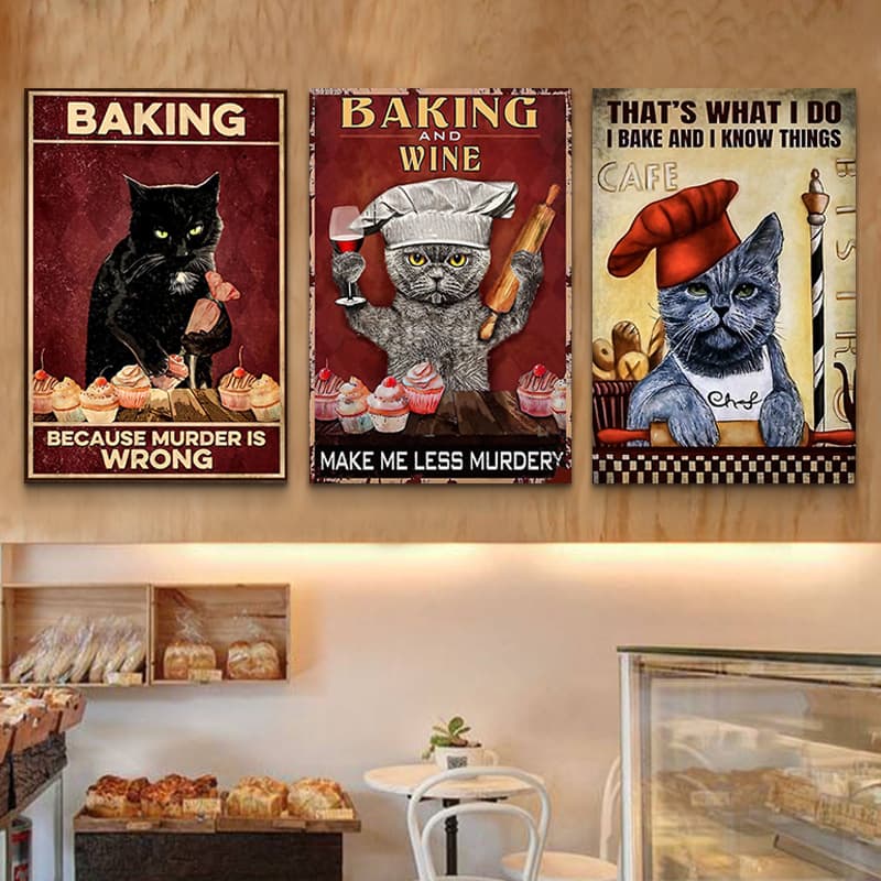 Creative Decor Shop Retro Mural, Baking Cat Background Wall Poster, Cafe, Cake Shop, Bakery Hanging Art