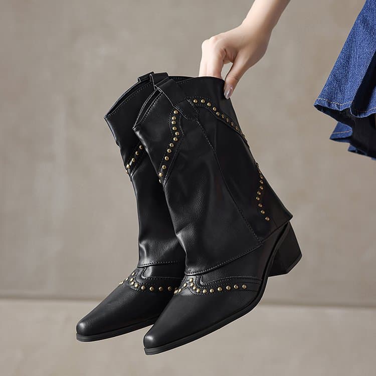 Vintage Brown V-Mouth Martin Boots Fashion Western Cowboy Boots Rivet Design Smoke Tube Boots Women's Short Boots Autumn and Winter