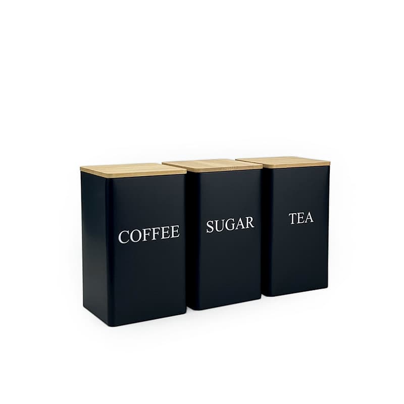 Custom Square Bamboo Lid Tin Box for Tea, Coffee, Sugar Storage, Airtight and Moisture-Proof 3-Piece Set with Custom LOGO