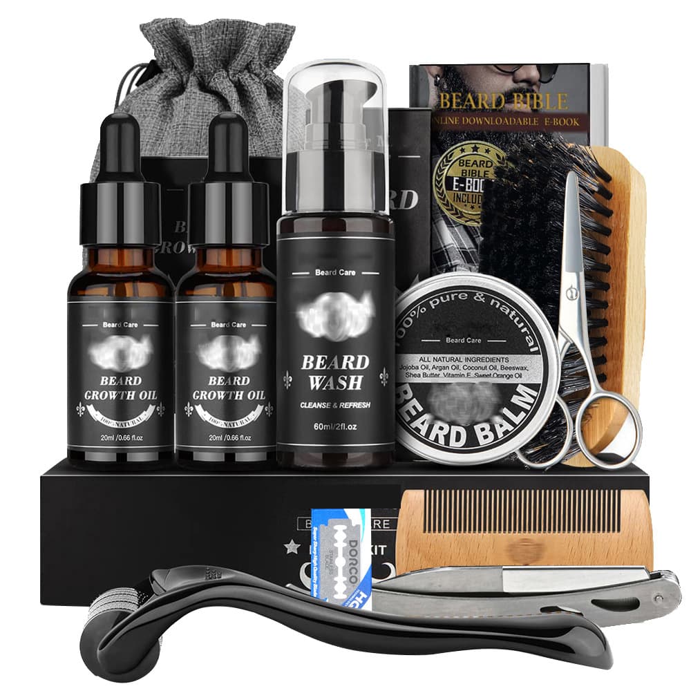 Beard Care Kit Roller Razor Growth Serum Beard Conditioner Balm Double-Sided Comb Scissors Brush Styling Tool