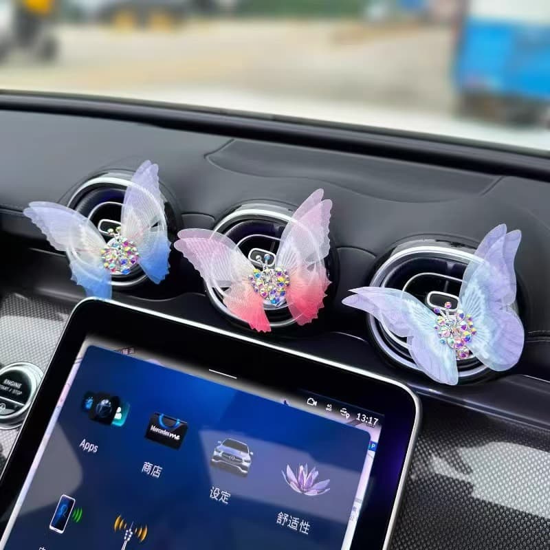 Car-Mounted Ornaments with Moving Rhinestone Butterflies for the Car's Center Console Air Vent, Creative Healing-Style Decorative Car Accessories