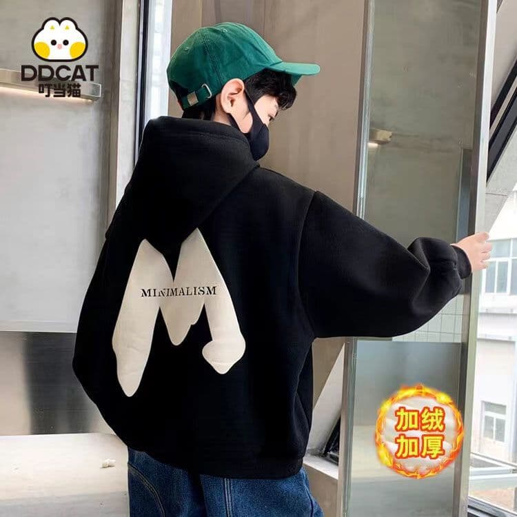 Boys' sweatshirts for spring and autumn, new hooded tops, children's velvet thickened sweatshirts, medium and large children's clothing trends