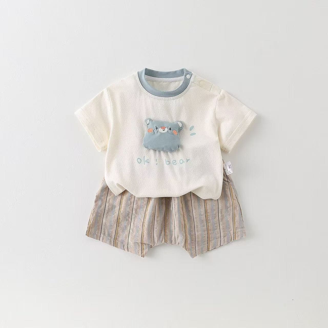 Summer Baby Short Sleeve Set Cartoon Korean Style Shorts for Boys and Girls Versatile Striped Pants Two-Piece Outfit