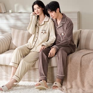 2025 Winter New 320g Turn-Down Collar Island Velvet Couple Pajamas Thickened Fleece Set Men Women Homewear