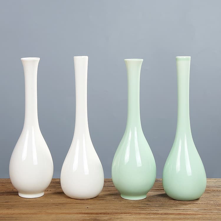 White porcelain jade pure vase flower inserts long-necked bottle thin mouth desktop celadon small vase Guanyin bottle ceramic ornaments retro Zen style