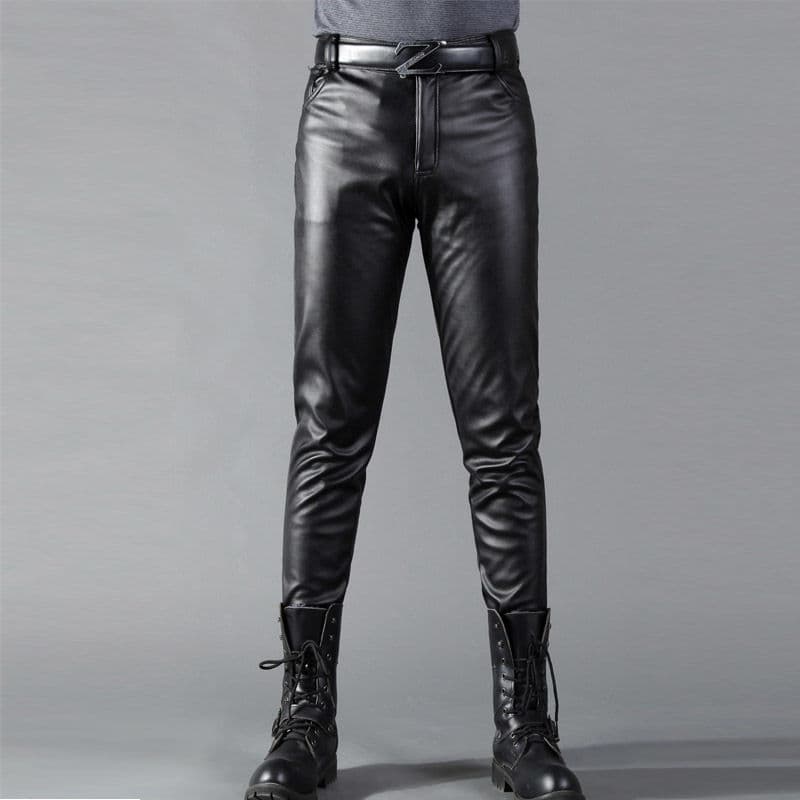 Korean style slim-fit leather pants for men, suitable for spring, summer and autumn, with high elasticity, trendy fleece lining, perfect for young motorcyclists.