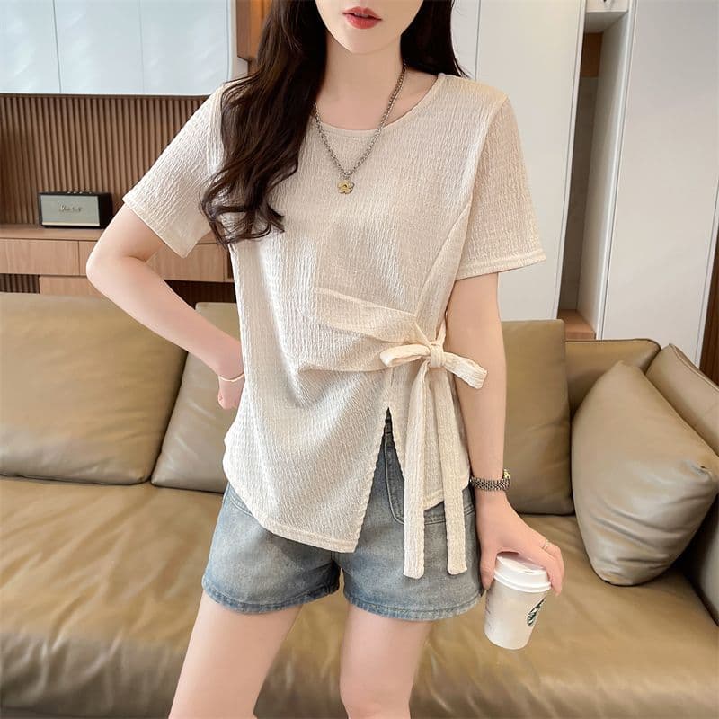 Korean Style Solid T-Shirt, New Summer Arrival, Irregular Bow Tie Short Sleeve T-Shirt for Women, Waist-Slimming and Figure-Flattering Top
