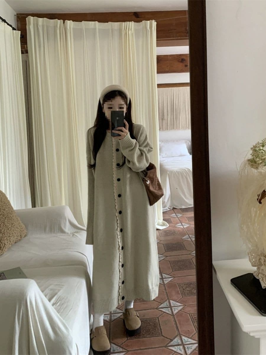 Autumn/Winter Retro Lazy Style Japanese Loose Single-Breasted Knit Dress Plus Size Women's Round Neck Knee-Length Long Dress