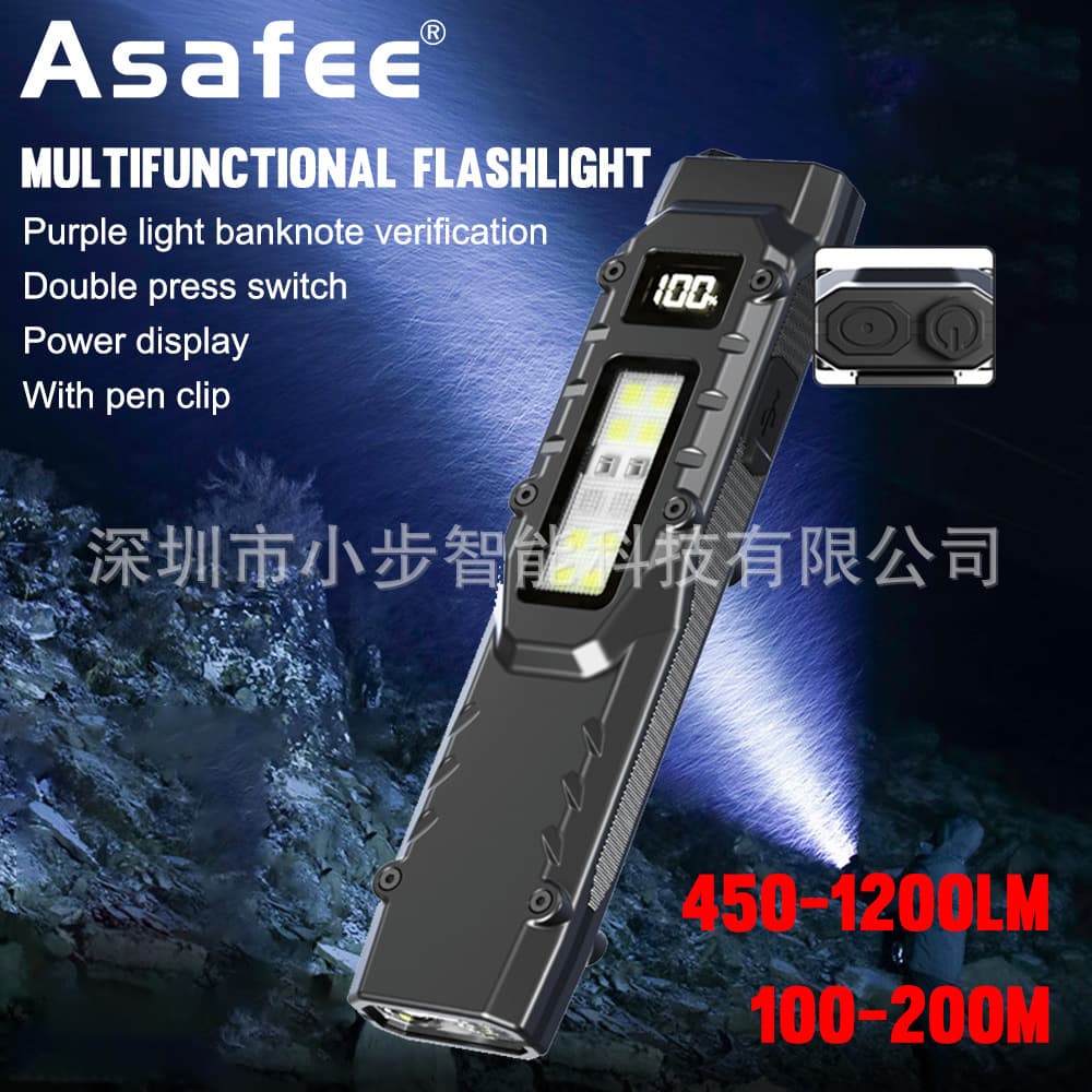 Cross-border tactical flashlight with pen, square ultra-thin work light, side light, three-color light source with digital display and double push switch