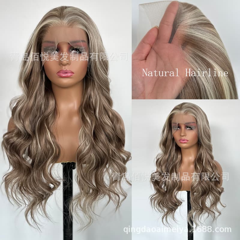 European and American Style Long Curly Wig for Women, Brown with Golden Highlights, Large Waves, Synthetic Fiber, White Hair Wig, Wholesale from Manufacturer