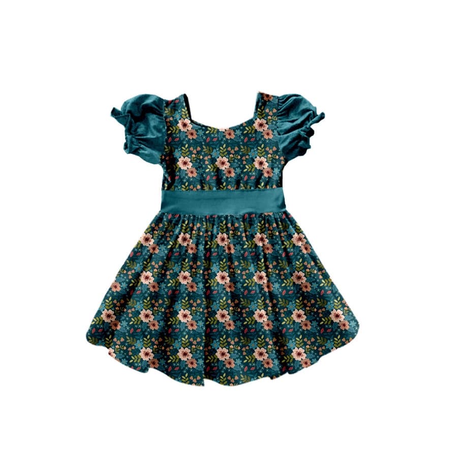 Cross-border wholesale custom summer girls' printed dress with puff sleeves and waist section