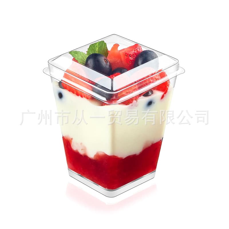In Stock 5Oz Heart-Shaped Square Plastic Appetizer Dessert Cup with Lid, Disposable Mousse and Biscuit Pudding Cup