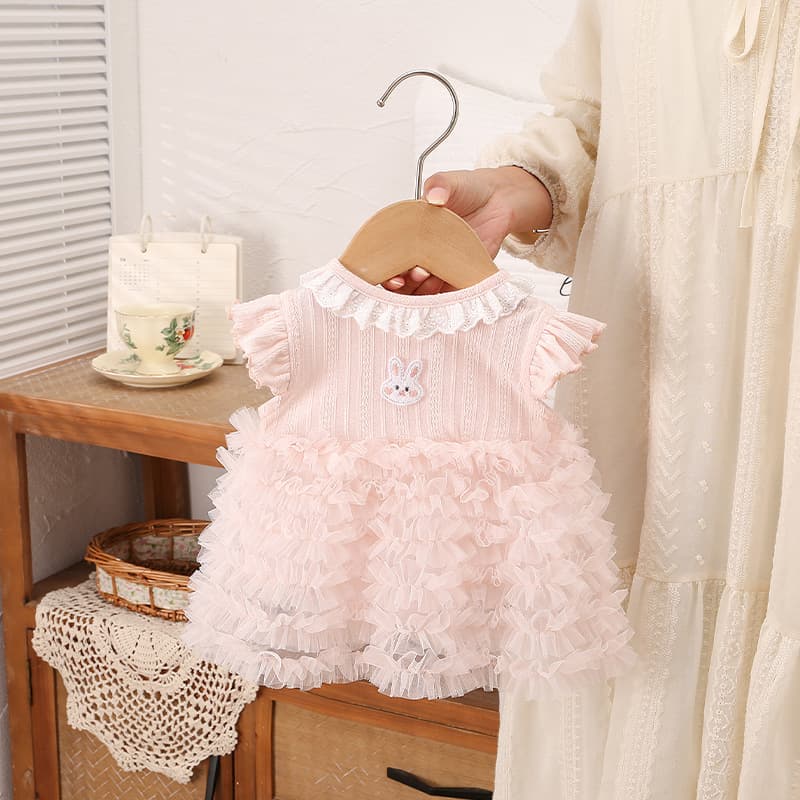 Summer Rabbit Pink Tutu Dress Baby Girl Bodysuit Dress Infant Lace Romper