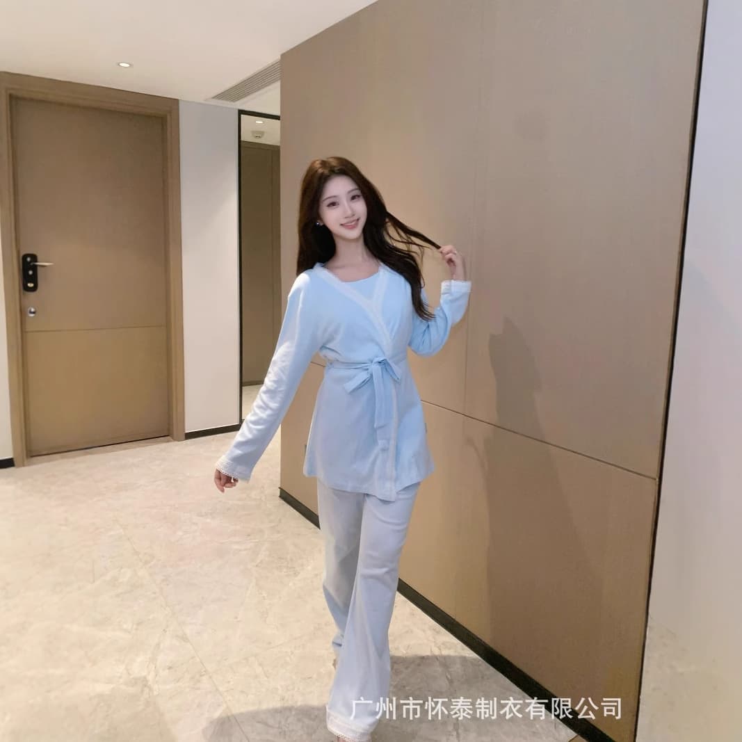 Class A Pure Cotton Postpartum Lace-Trimmed Three-Piece Pajama Set, Maternity Home Wear, Chinese Style, Breastfeeding-Friendly, Suitable for Outdoor Wear