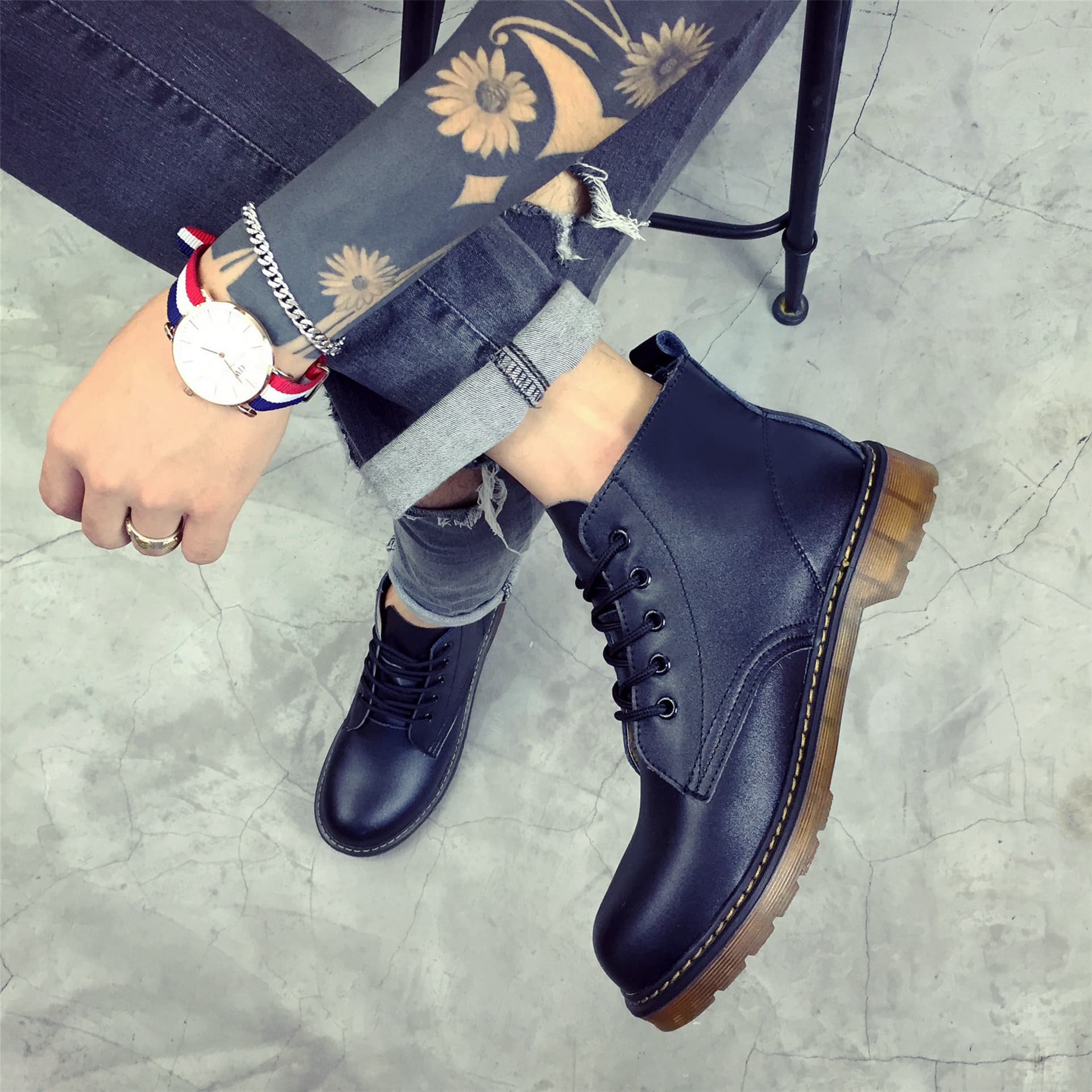 2017 New High-Top Martin Shoes Men's Martin Boots Black Workwear Fashion Round-Toe Shoes Trendy Casual Shoes