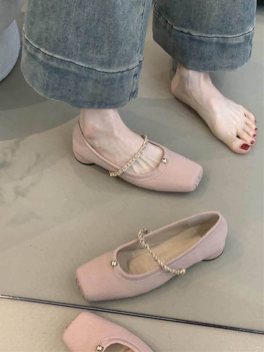 Sheepskin Edition~ Fairy Gentle Style Square Toe Metal Chain Low Heel Mary Jane Shoes Shallow Cut French Elegant Evening Pumps