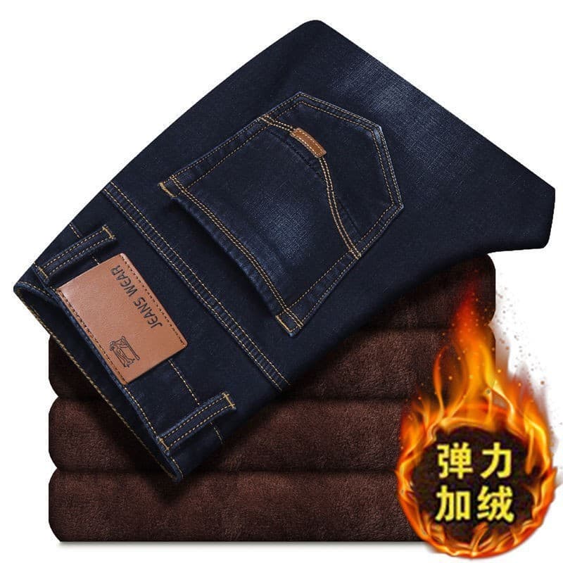 Custom 8010 Men's Jeans, Autumn/Winter, Loose Straight Leg, Elastic, Casual, Fleece-lined, Thick, Retro Style