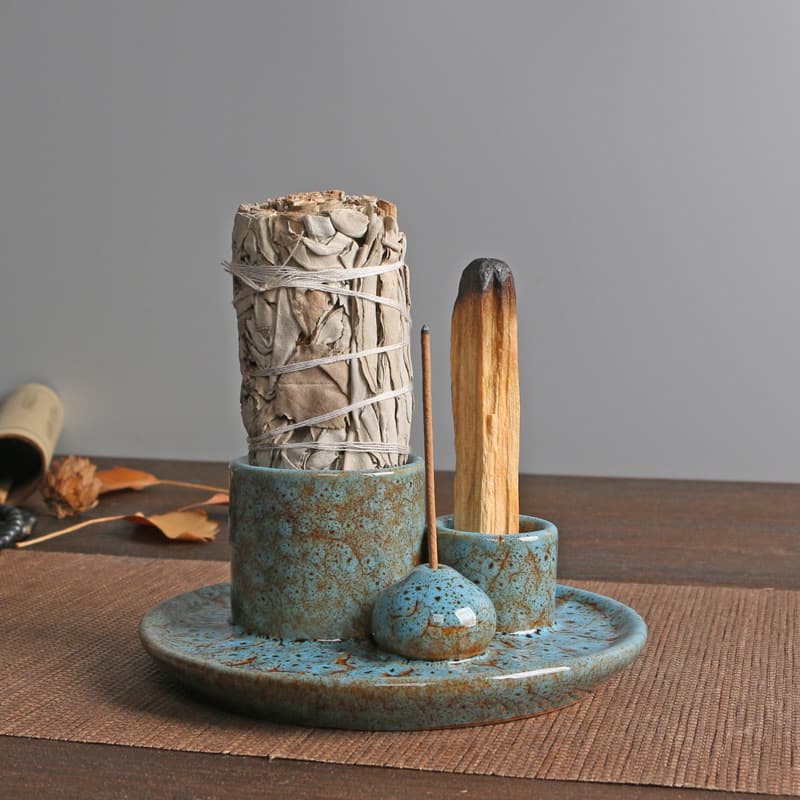 Minimalist style European style incense burner ceramic sage holy wood plate light blue Nordic candlestick romantic candle pedestal ornaments