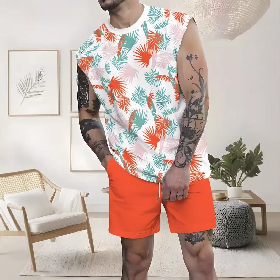 Cross-border Temu American-style 3D printed men's vest and shorts set, casual sport vest and shorts two-piece set