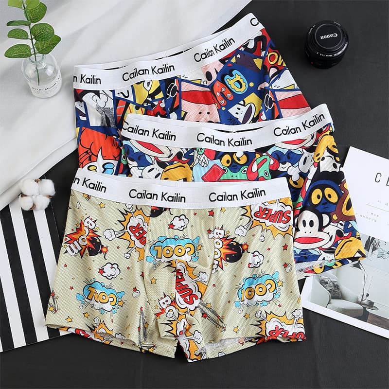 New Men's Boxer Briefs Ribbed Cotton Printed Underwear Mid-Rise Breathable Trendy Shorts Wholesale