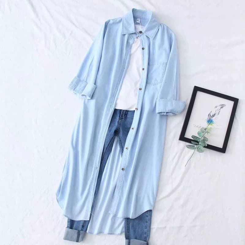 Summer Thin Seven-Sleeve Washed Cotton Long Denim Shirt Dress for Women, Slimming Shirt Dress, Versatile Casual Cardigan