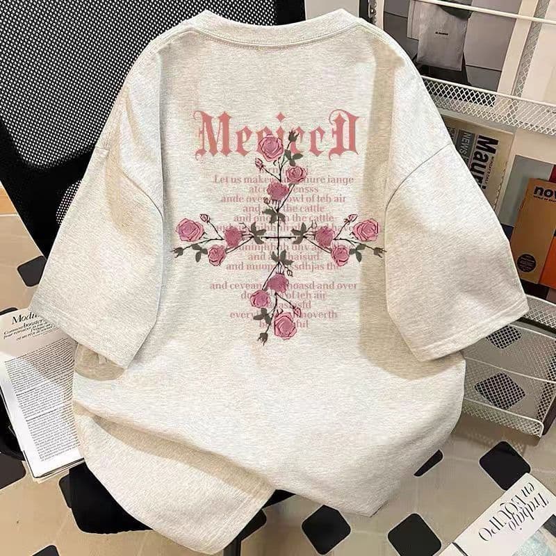 Vintage Rose Print Short Sleeve T-Shirt for Men and Women, Summer Streetwear Niche Loose Fit Couple Top, Round Neck