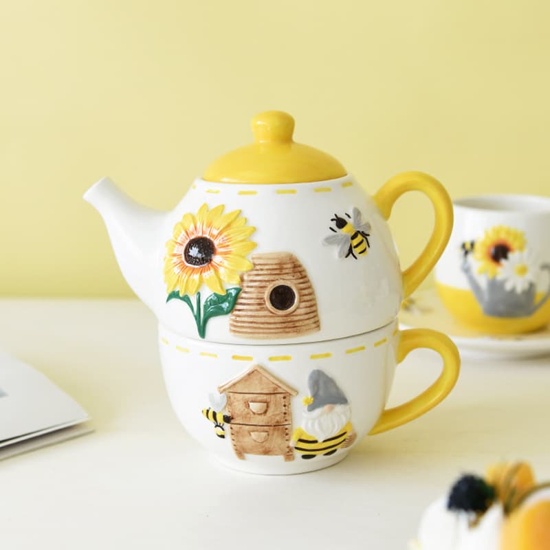 Household Hand-painted Teapot Set, Mother-Daughter Pot with Cute Bee Fairy Design, Spring Cup and Pot, Colorful Afternoon Tea Ceramic