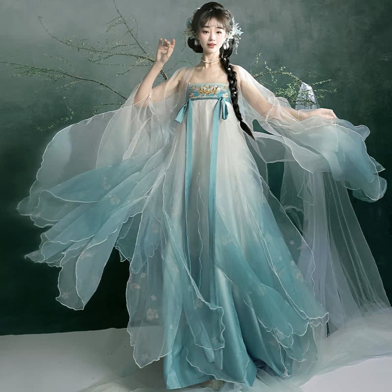 Luozhu Original Hanfu Women's Qing Furong Tang-Style Tattered Wide-Sleeve Robe Petal Skirt Chest-High Hezi Skirt Hanfu Summer Thin Style