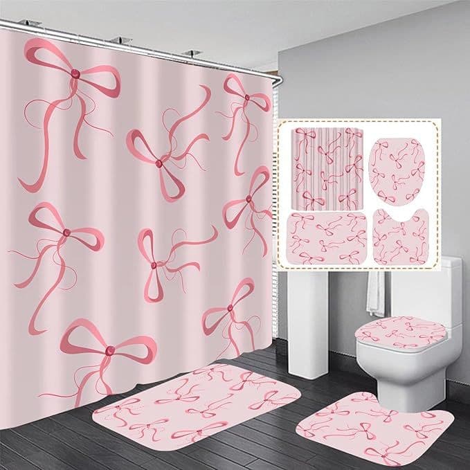 Cross-Border New Style Pink Bowknot Silky Ribbon Printed Girl's Bathroom Set with Dry and Wet Separation Decorative Shower Curtain