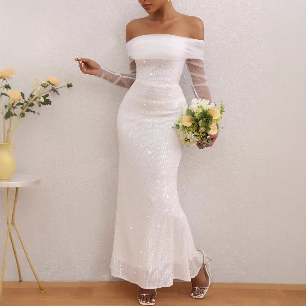 New Fashion Sexy Sequined White Wedding Evening Gown Prom Banquet Dress Bridesmaid Dress