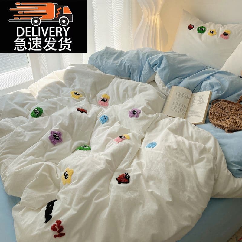 High-value washed cotton four-piece bedding set, cartoon towel embroidery duvet cover, fitted sheet for student dormitory single bed three-piece set