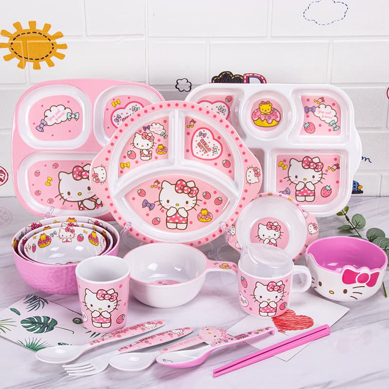 Kitty tableware creative high-looking rice bowl melamine cute dinner plate pink tableware set cartoon children's spoon and fork