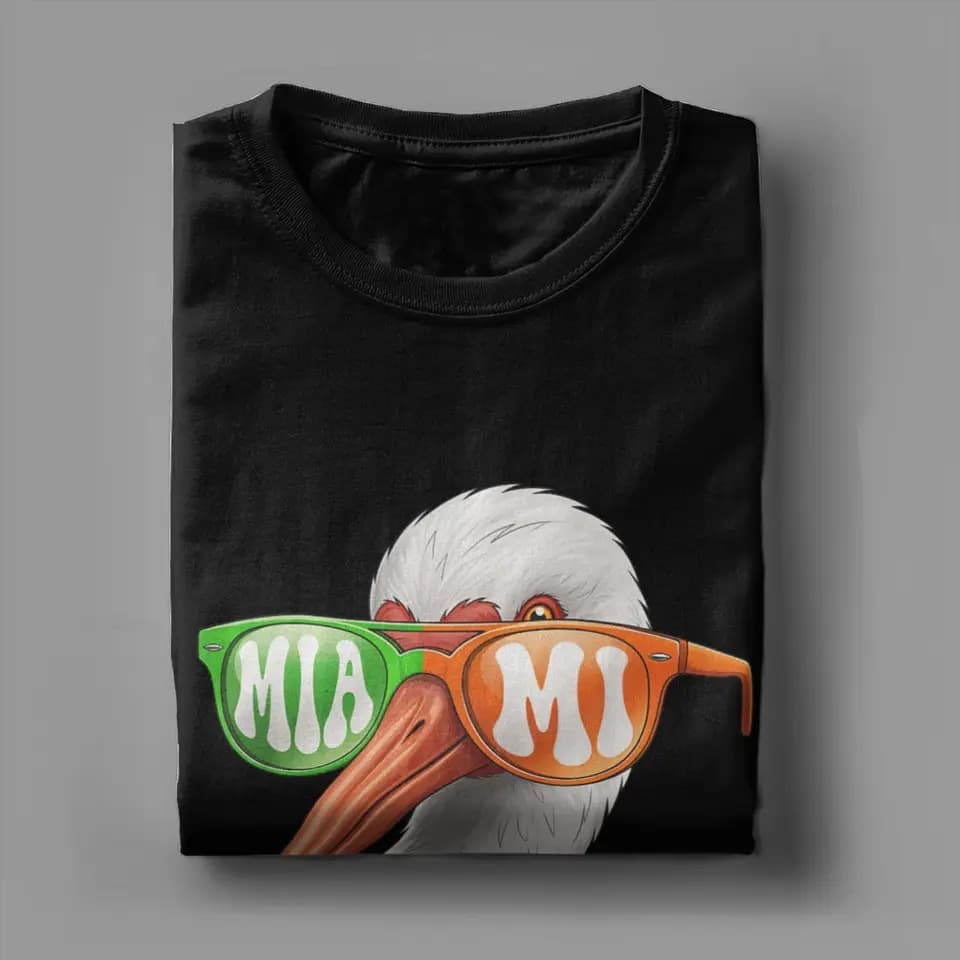 Harajuku T-Shirt Summer Miami Hurricanes Retro American White Pelicans with Sunglasses Casual Plus-Size Short-Sleeve Clothing