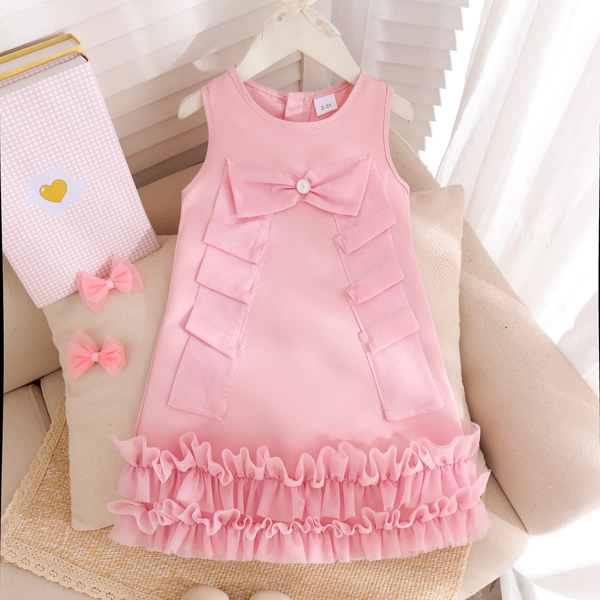 Export Cross-Border Girls' Dress Ins Socialite Pink Bow Ruffle Collar Gown Dress Wholesale