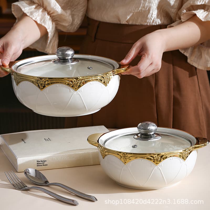 Double-Ear Soup Bowl Gold-Rimmed Tableware Large Soup Basin Soup Pot Creative Household Soup Bowl Soup Tureen Large European-Style Serving Pot with Lid