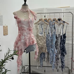 Actual Photo: Vintage Tie-Dye Print Mesh Camisole Irregular Ruffle Ribbon Sleeveless Top 1185