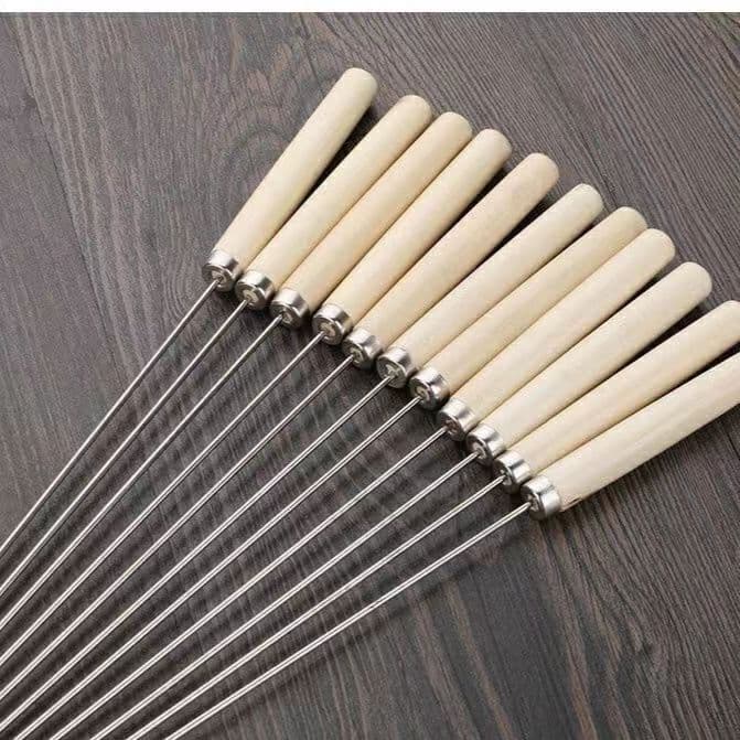 Manufacturer wholesale stainless steel wooden handle barbecue skewers barbecue needle wood mutton skewers round skewers flat skewers iron skewers barbecue workers