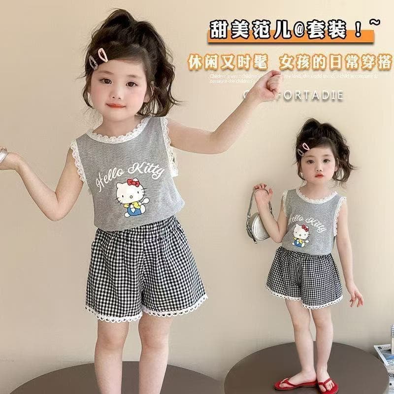 1-12 years old girls suit summer cotton baby summer 2026 new children's vest shorts plaid two-piece set