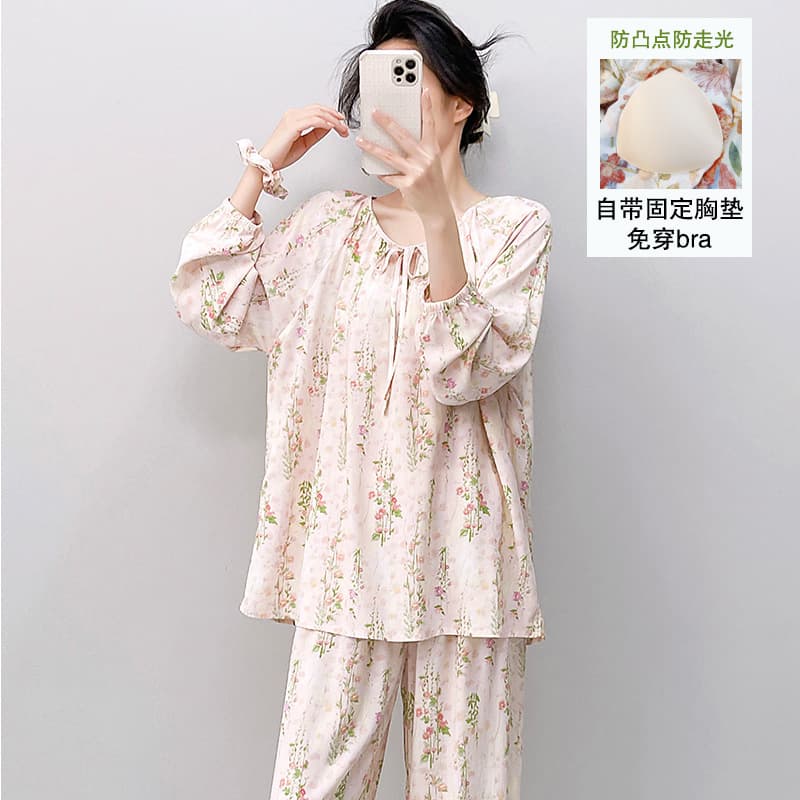 New Cotton Long Sleeve Pajamas for Women, Summer Thin Homewear, Japanese Trendy Anti-Nipple Set with Padded Bra