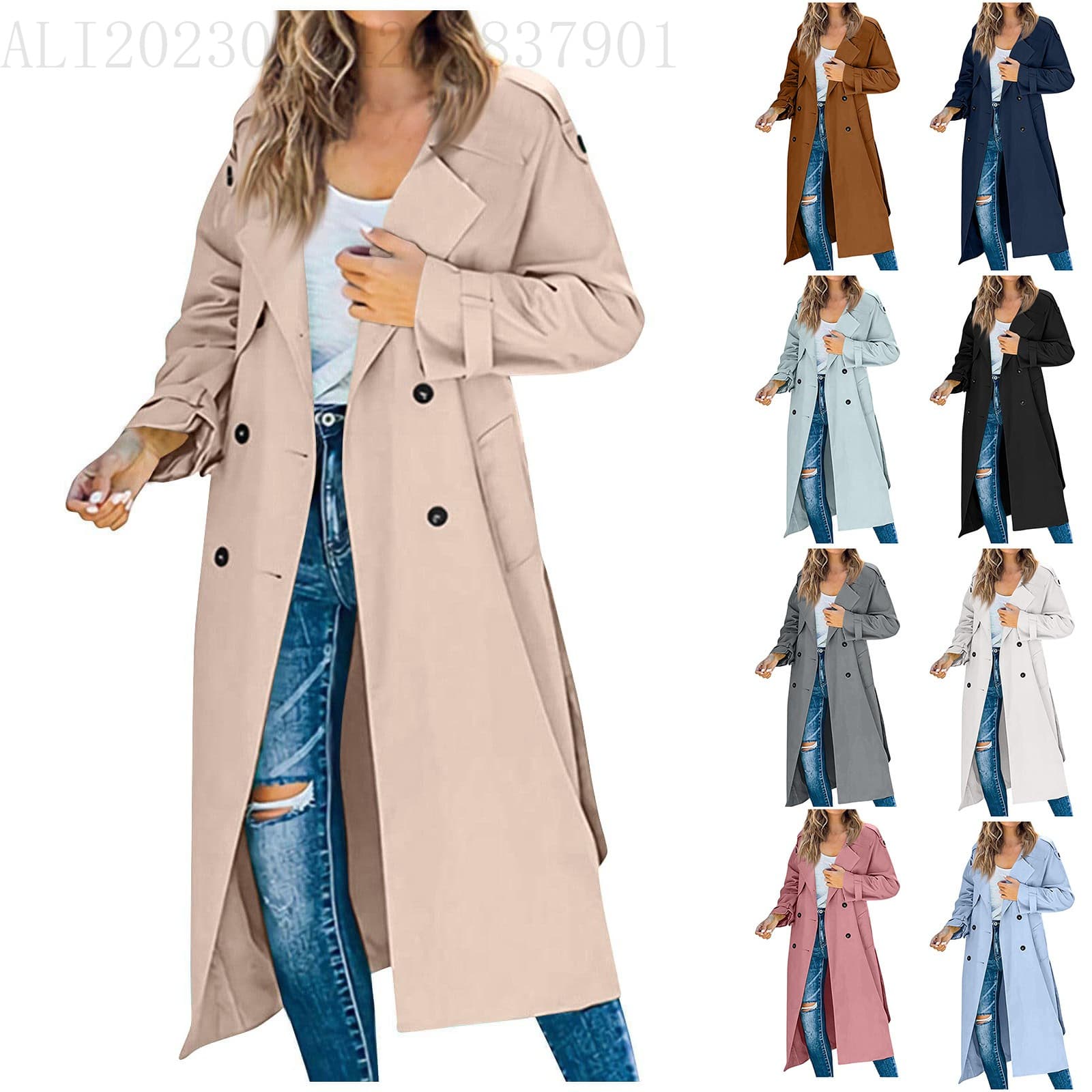 2023 New European and American Style Long Double-breasted Solid Color Windbreaker Women's Spring and Autumn Commuting Jacket