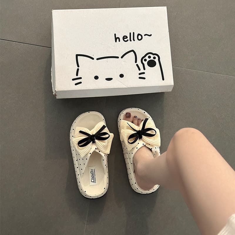 Sweet and Cute Girl's Heart Exquisite Bow Flat Sandals for Women 2026 Summer Thick Sole Anti-Slip Cute Slippers