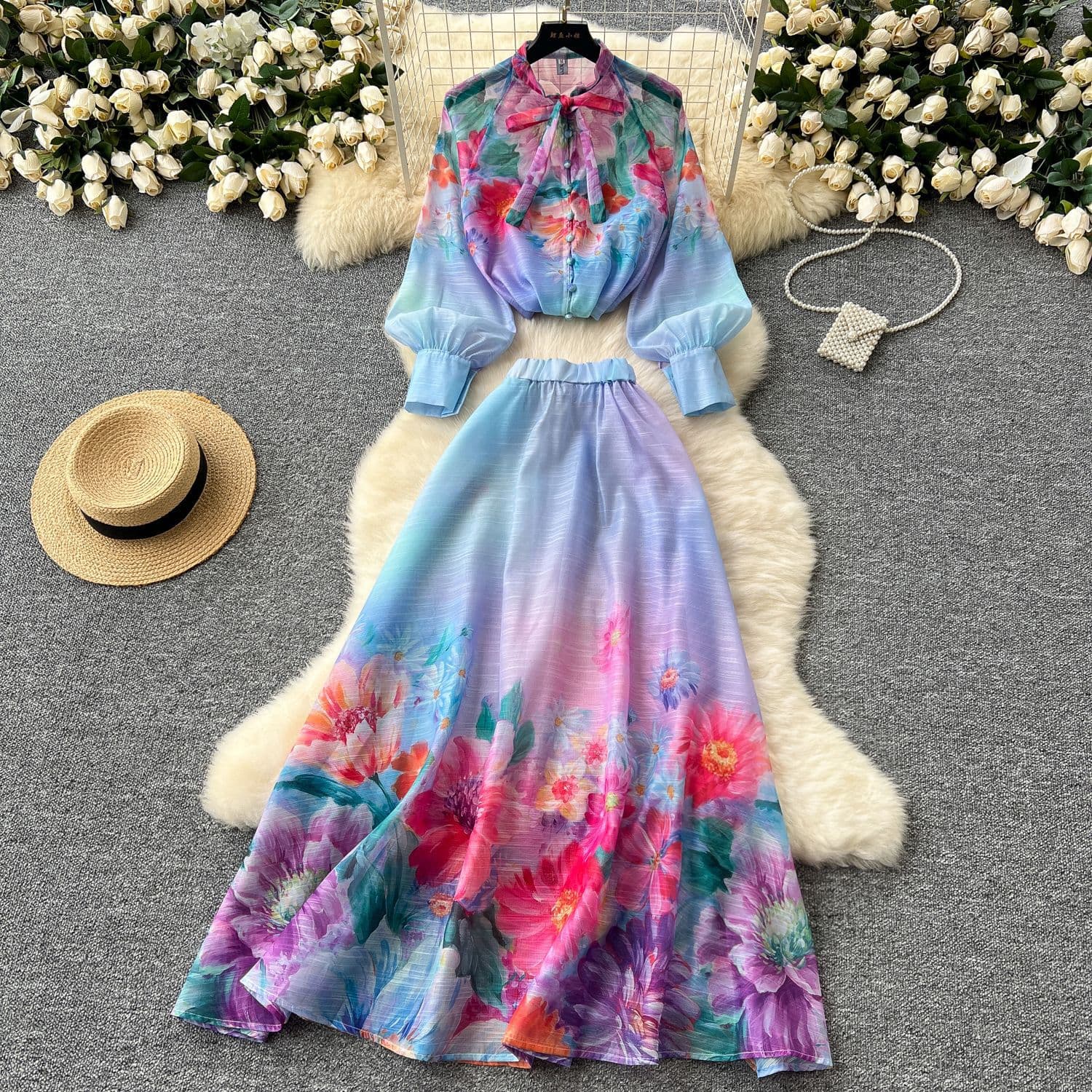European and American Style Light Mature Bow Lace-up Lantern Sleeve Printed Shirt Women's High Waist Flared Skirt Two-piece Set