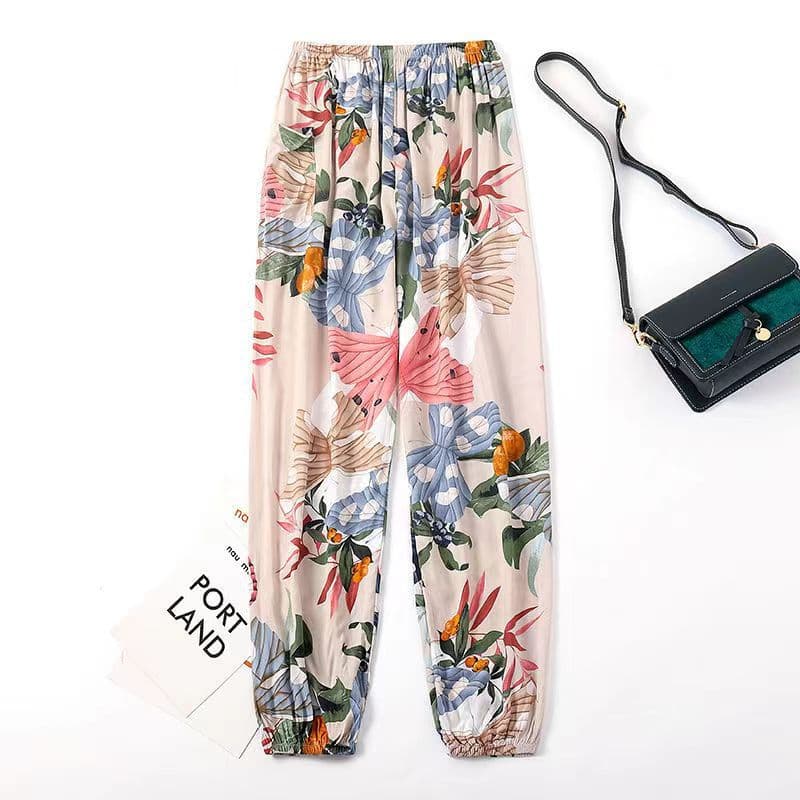 Summer Cotton Silk Jogger Pants for Women, Loose Plus Size Sleep Pants, Wearable Outdoors, Rayon Thin Mosquito-Proof Long Pants, Home Leisure