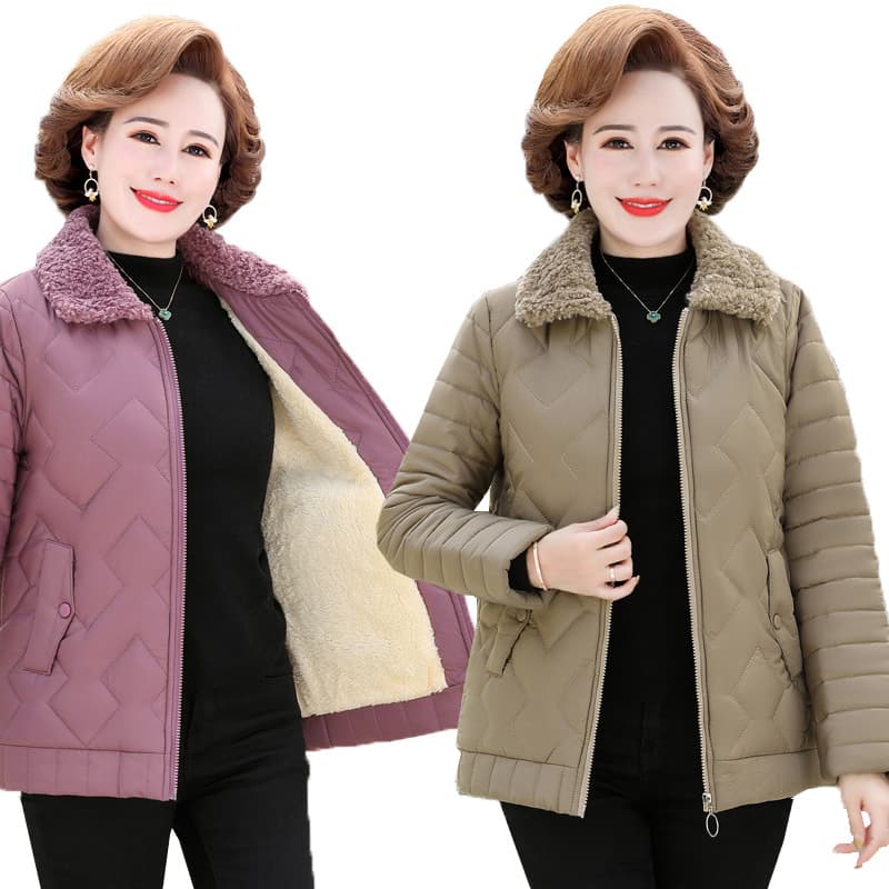 2023 autumn and winter thickened loose zipper cotton jacket, middle-aged and elderly mom casual plus-size women's winter solid color cotton coat.