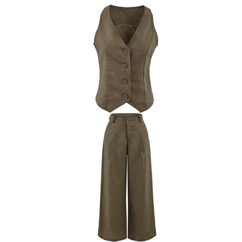 Heavy Linen Fashionable Slimming V-Neck Racerback Vest Two-Piece Set Old Money Style British Suit Vest Wide-Leg Pants